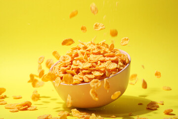 Delicious cornflakes falling into a plate on a colored background.