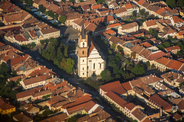 Fototapeta na wymiar ROMANIA Bistrita Panoramic aerial view,The Evangelical Church, august 2020