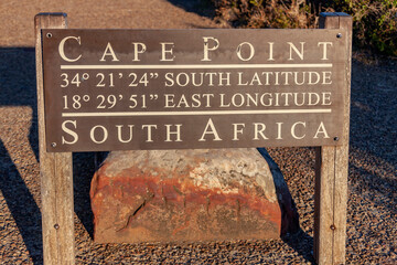 Inscription on the information stand about the geographical coordinates of the Cape of Good Hope in...