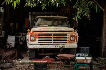 A rusted old antique American pick-up truck