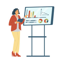 Business woman presenting her idea on whiteboard in flat vector illustration