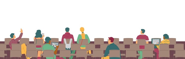 Rear view of people in presentation room, flat vector illustration isolated.