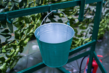 Fire safety. A fire shield with sand, a bucket and a fire extinguisher for extinguishing a fire on a military pontoon ship in the army. Safety precautions.