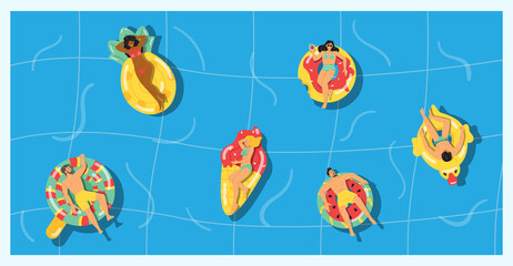 Summer banner with people floating on lifebuoys, flat vector illustration.