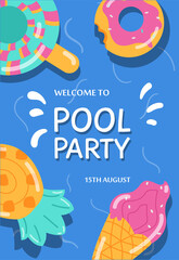 Summer pool party banner or invitation with lifebuoys, flat vector illustration.