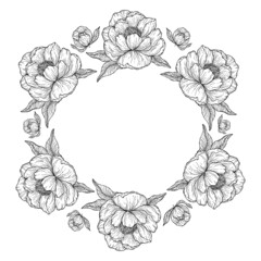 Black outline floral frame on white background. Beautyful circle frame with peonies flowers and leaves, for invitations and card. Vector botanical line art.