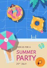 Summer party advertising banner or invitation, flat vector illustration.