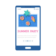 Summer pool party onboarding start screen interface, flat vector illustration.