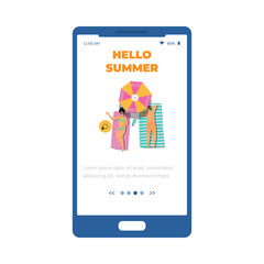 Summer season onboarding page with couple on seashore, flat vector illustration.