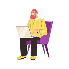 Bearded man in glasses sitting in armchair with laptop computer on laps.