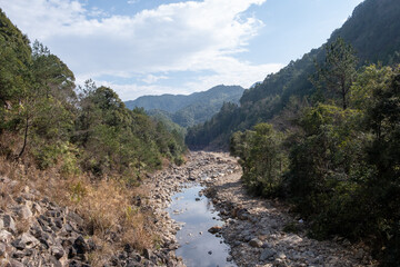 A stream flows out of the mountain forest