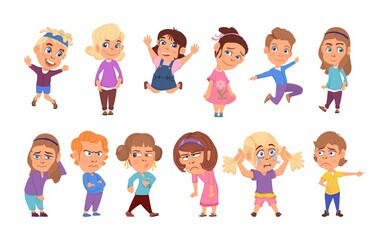 Emotional kids. Cartoon children, teenager laughing and sad. Happy emotion on face, smile or cry boy and girl, little kid decent vector characters