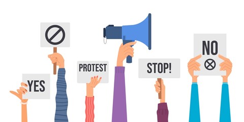 Hands with placards. Protest placard, hand holding manifests banners. No and yes, politic activist picket, demonstration crowd decent vector banner