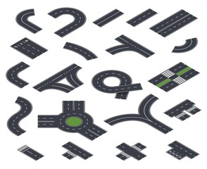 Isometric road collection. Construction, roads street and pavement. Asphalt highway in perspective, urban city map way exact vector elements