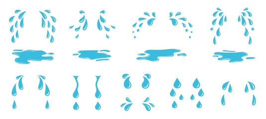 Cartoon tears. Flat water drops, drop of sweating or crying. Isolated blue rain elements, droplet and puddle. Despair emotions exact vector set