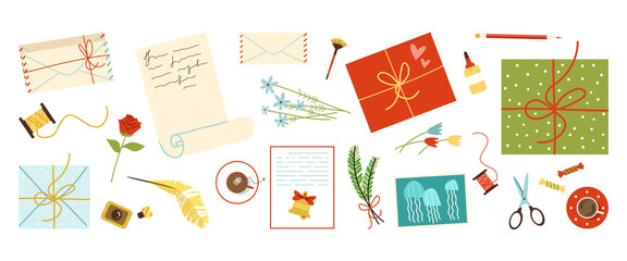 Fototapeta na wymiar Mail envelopes and postcards set, flat vector illustration isolated on white.