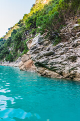 Fototapeta na wymiar Cliffy rocks Verdon gorge near Galetas bridge, lake Sainte Croix, Provence, Provence Alpes Côte d'Azur, France