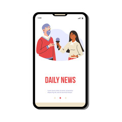 Daily news mobile page with reporter interviews a man, flat vector illustration.