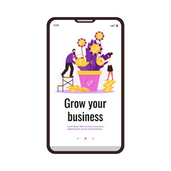 Vector mobile phone screen with business man and woman caring money tree in pot.