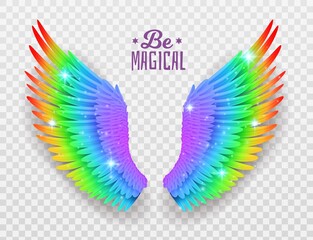 Rainbow wings. Realistic bright freedom symbol, symmetric shapes, pride color feathers, beautiful magical multicolor bird elements. Card or poster. Vector 3d isolated concept © YummyBuum