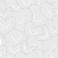 Black and white seamless pattern for coloring book in doodle style. Hearts, Swirls, ringlets.