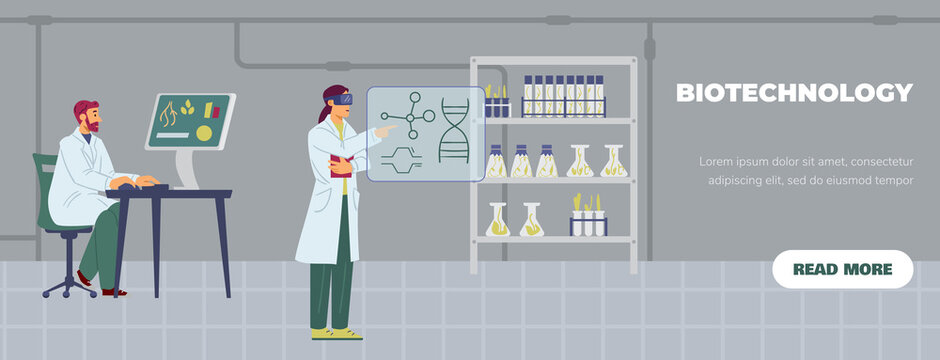 Biotechnology laboratory with working scientists, flat vector illustration.