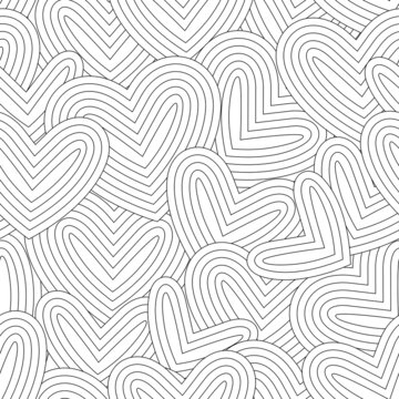 Black and white seamless pattern for coloring book in doodle style. Hearts, Swirls, ringlets.