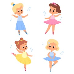 Girls cute. Beauty kids ballerinas in tutus and pointe shoes, young ballet dancers in different poses, romantic characters, dancing children in choreographic position. Vector set