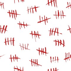 Seamless pattern tally marks. Red bloody hand drawn strokes, sketchy waiting days count, crossed out rough lines background. Decor textile, wrapping paper wallpaper vector print or fabric