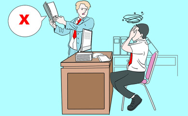 The man who made a mistake at the office. Employee arguing with his manager in the office. Hand drawn style vector design illustration