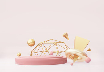 Abstract podium with gold elements of the decor on a light beige background. For the application of cosmetics, shoes. 3d rendering
