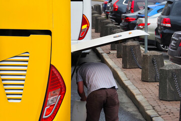 Driver loads the luggage into the luggage compartment of the intercity bus
