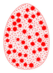 Mesh egg polygonal symbol vector illustration, with virus nodes. Carcass model is based on egg flat icon, with coronavirus centers and triangle mesh. Triangular mesh forms abstract egg flat carcass.