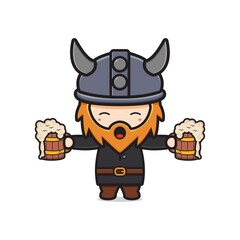 Cute viking holding beer celebrate oktoberfest cartoon icon illustration