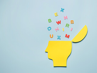 An open mind with letters coming out as creative ideas on a bright blue background. Head full of...