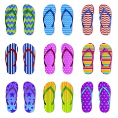 Realistic color flip flops. Rubber bright summer accessories, different design patterned sandals, swimming pool slippers shoes. Top view pair footwear with plastic sole vector isolated set