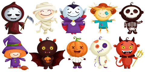 Set of cute characters in Halloween costumes. Cartoon Count Dracula, Witch, Pumpkin, Voodoo Doll, Egyptian Mummy, Bat Mouse, Dead Man, Vkelet, Garden Scarecrow, Scarecrow. Funny Costumed Men 