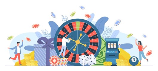 Naklejka premium Casino gambling people. Man and woman playing roulette. Big win on fortune wheel. Cartoon players hit jackpot and receive money. Persons celebrate lottery winning. Vector gamble concept