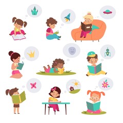 Children with books. Reading kids, imagination developing with fairy tales help, curious girls and boys, preschool characters. Entertainment and educational literature vector isolated set