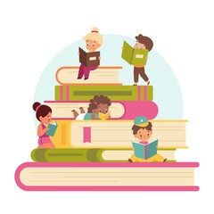 Kids read books. Tiny cute children with big stack of books, training and education, pupils read together, getting knowledge, entertainment literature in library. Vector concept