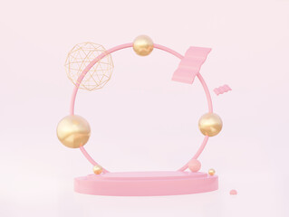Podium with a round pink arch with golden geometric shapes on a pink background. 3d rendering