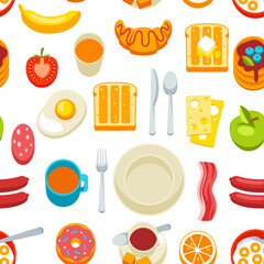 Healthy breakfast seamless pattern. Various food and drinks. Illustration for cafes, restaurants and hotels.