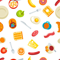 Healthy breakfast seamless pattern. Various food and drinks. Illustration for cafes, restaurants and hotels.