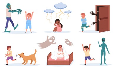 Children fears. Little kids phobias. Cartoon boys or girls with scared emotions and horror causes. Babies afraid of fictional monsters or zombies, ghosts and dogs. Vector frights set