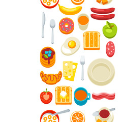 Healthy breakfast seamless pattern. Various food and drinks. Illustration for cafes, restaurants and hotels.