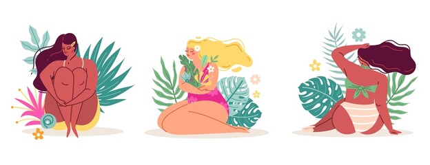 Body positive ladies. Women in flowers sitting in beautiful tropical leaves and plants, happy girls in bikinis, spring summer seasons. Young sexy girls, vector cartoon flat isolated set