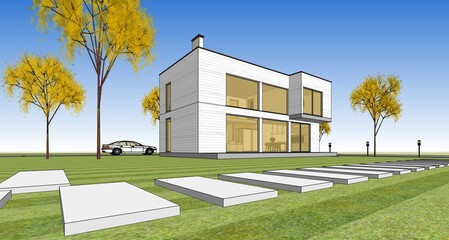 Fototapeta na wymiar modern cubic house 3d rendering
