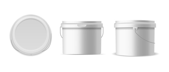 Buckets plastic. 3D template construction and food containers, white bucket for different products mockup. Closed clean pack with lid and handle side and top view vector realistic isolated set © YummyBuum