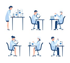 Doctors group in science laboratory. Scientist characters hospital, biological or chemical research with test clinical lab equipment. Creating new medicine vector cartoon flat isolated set
