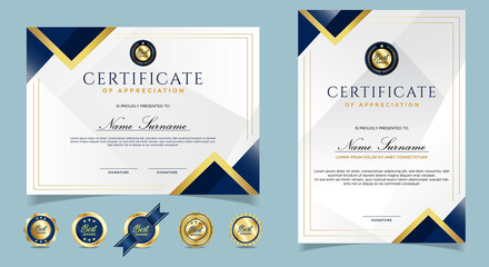 Certificate of appreciation template, gold and blue color. Clean modern certificate with gold badge. Certificate border template with luxury and modern line pattern. Diploma vector template. EPS 10